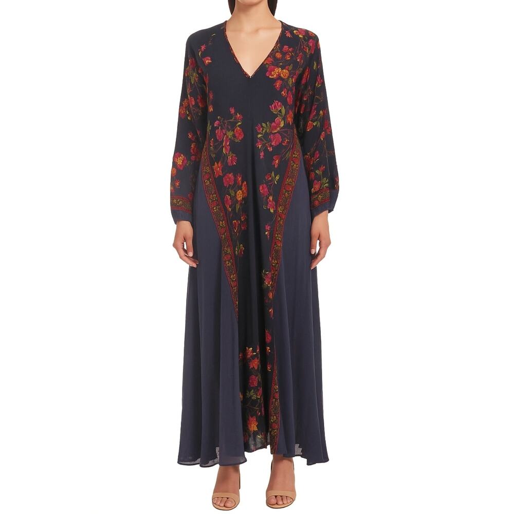 MES DEMOISELLES Digitale floral silk kaftan boho midi dress blue black Size 34 2 - Picture 3 of 7